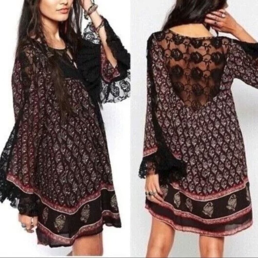 Free People Nomad Child Mini Dress XS Black Floral Pockets Lace Boho Flowy